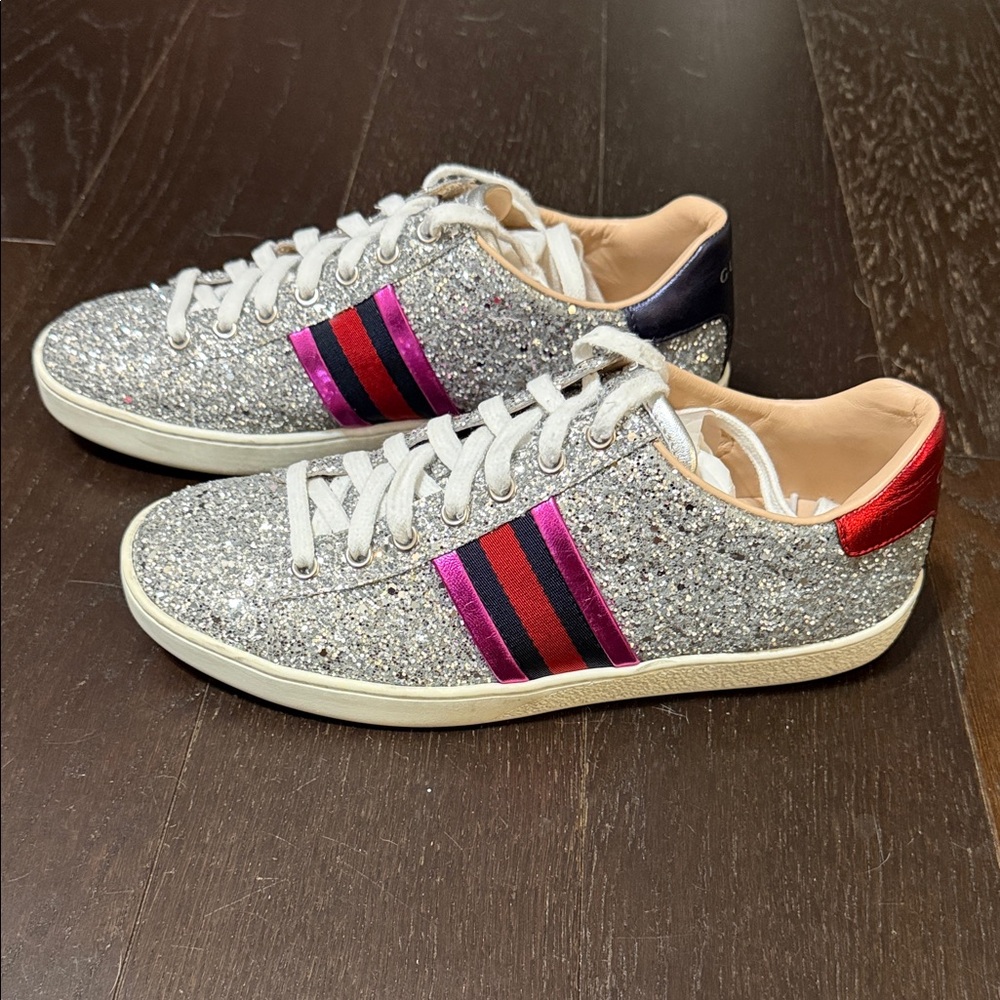 Gucci Silver Glitter Lace-Up Sneakers with Pink & Blue Stripes - Picture 2 of 8